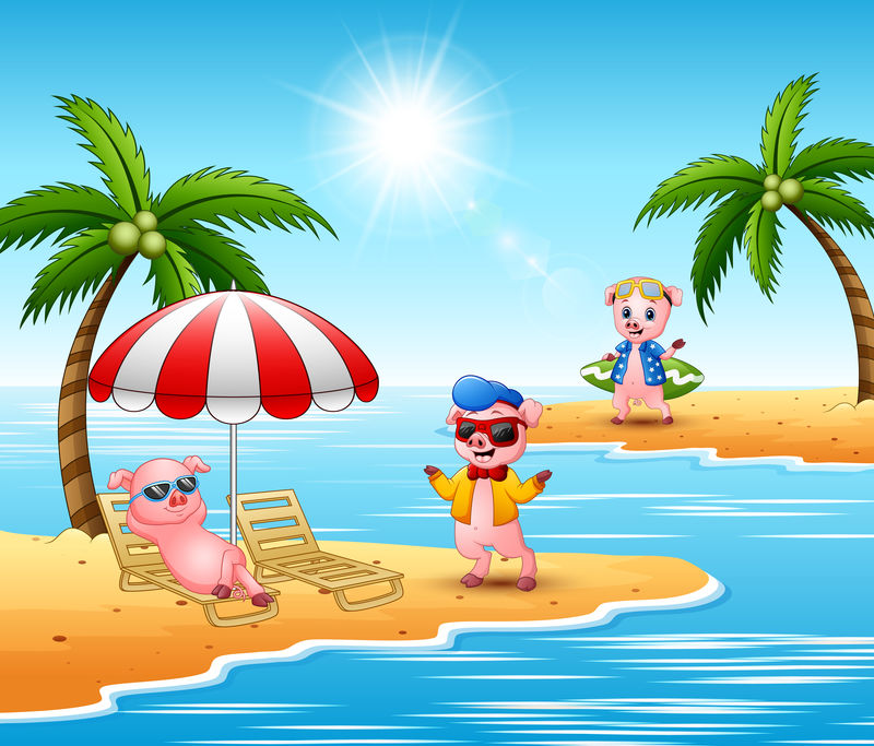 卡通猪在沙滩上享受暑假