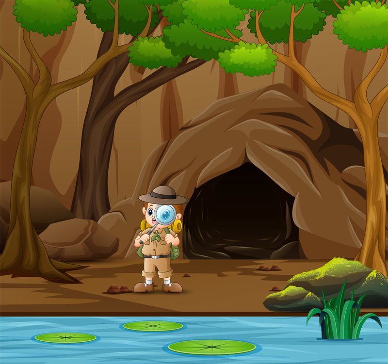 男孩探险家站在洞穴和河流矢量附近