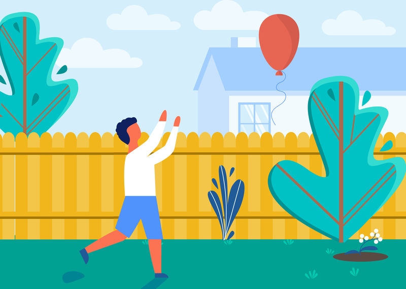 孩子拿着气球在家后院玩耍矢量