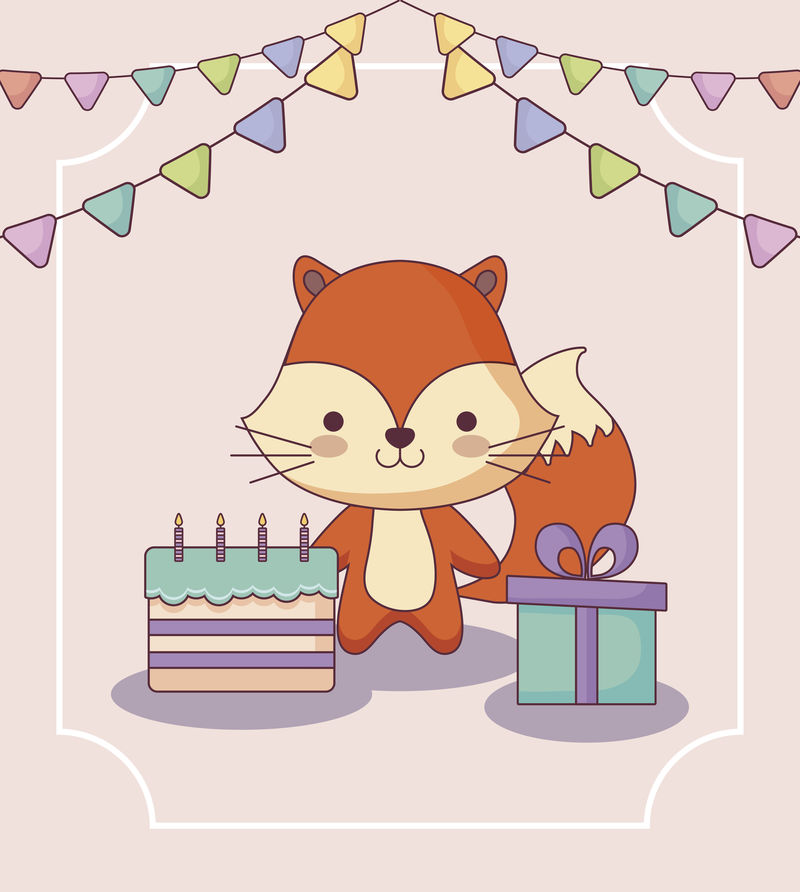 可爱的狐狸生日快乐卡片带有礼物和图标矢量