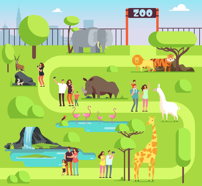 有游客和野生动物的卡通动物园矢量
