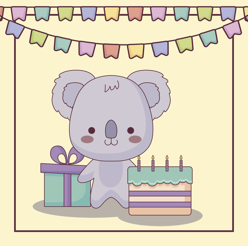 可爱的考拉生日快乐卡片带有蛋糕和图标矢量