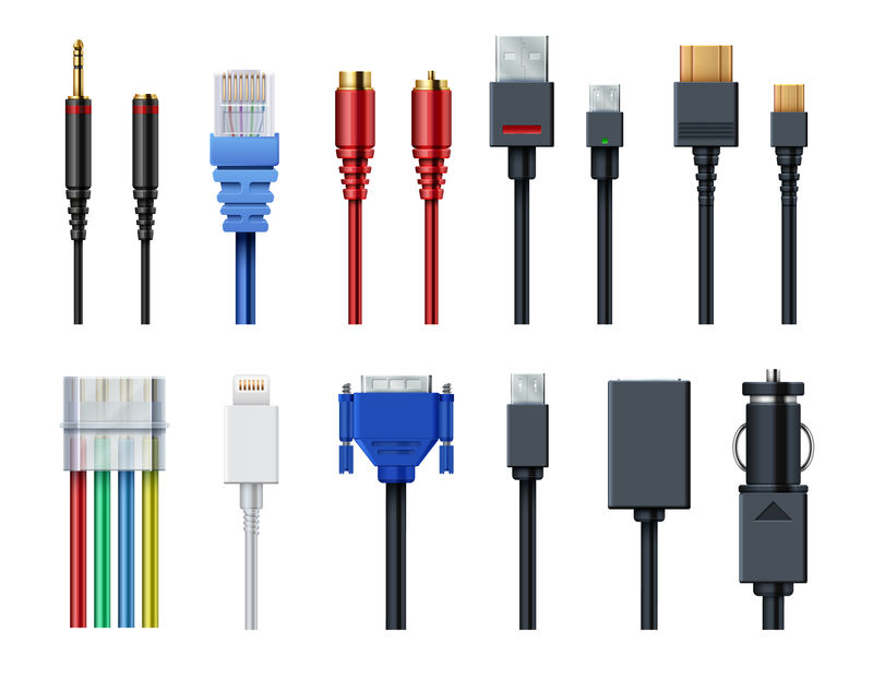 有线计算机视频音频USBHDMI网络和电气连接器和插头矢量集隔离矢量