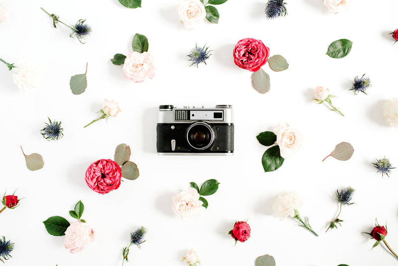 老式照相机和鲜花