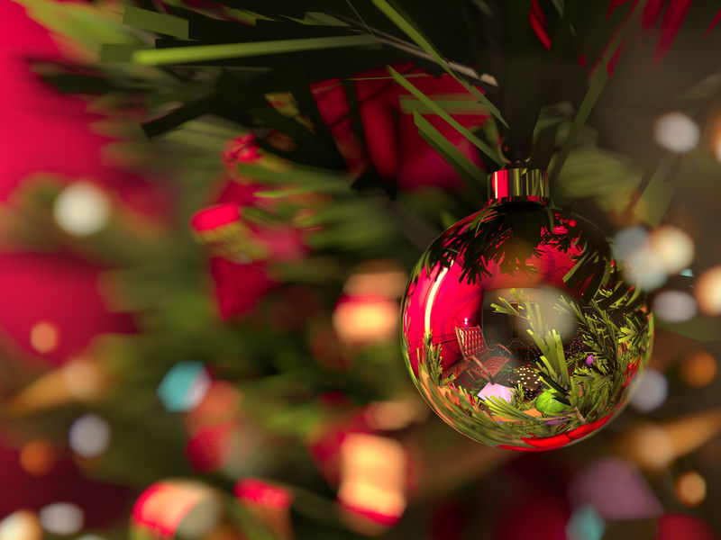 圣诞节装饰的特写镜头-圣诞树上的红色和金色的球
