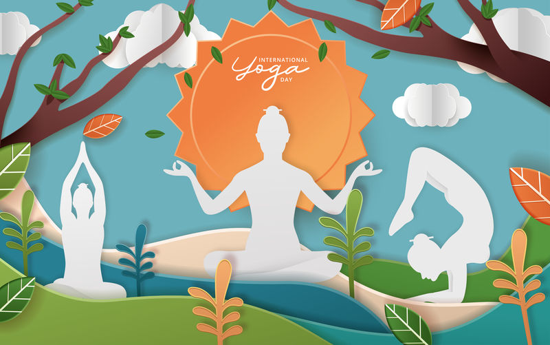 国际瑜伽日矢量插图横幅、宣传册和海报设计。6月21日庆祝世界瑜伽日