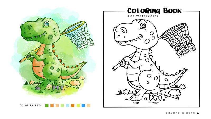 园林水彩插图中可爱恐龙的彩绘本