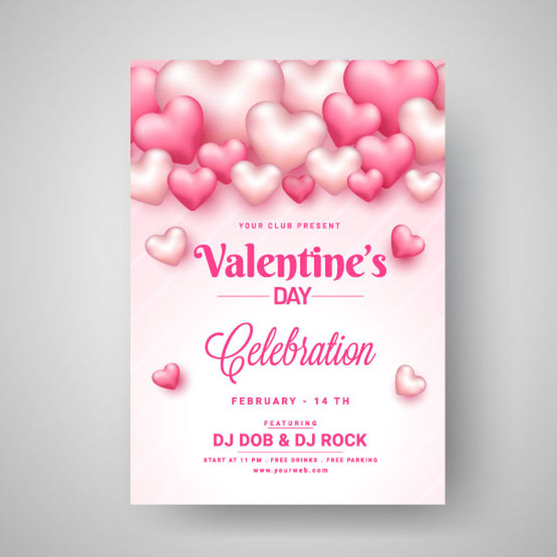 情人节和情人节庆祝模板设计-粉红色条纹背景上装饰有光滑的心形