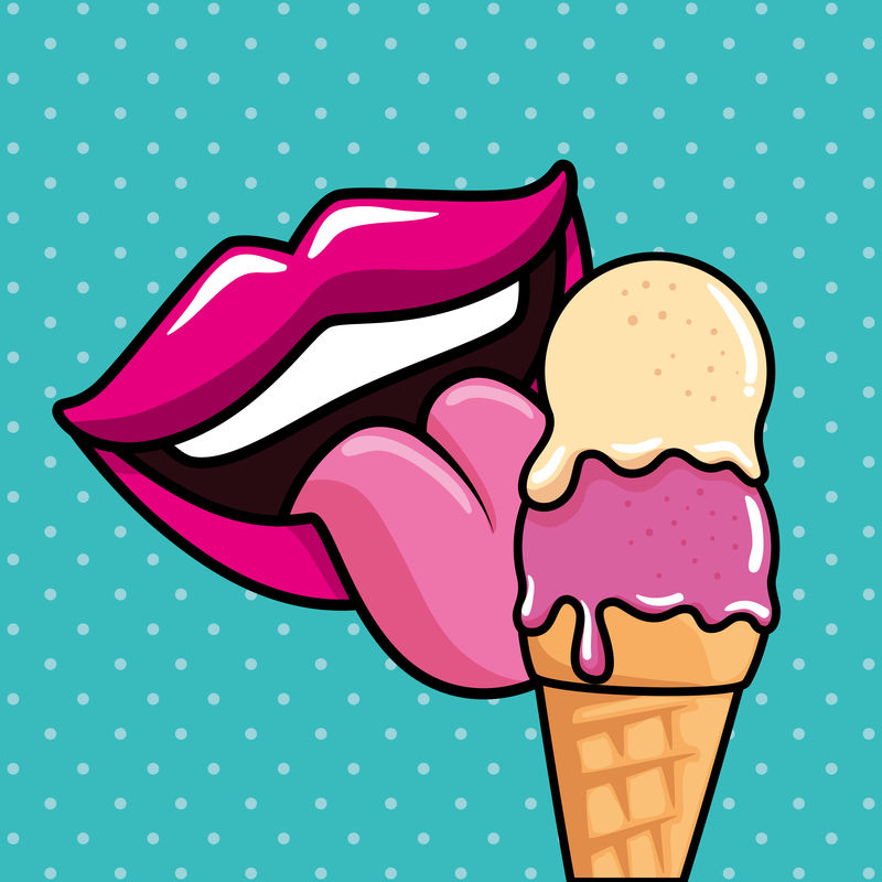 性感的嘴巴，舌头伸出，冰激凌流行艺术风格图标