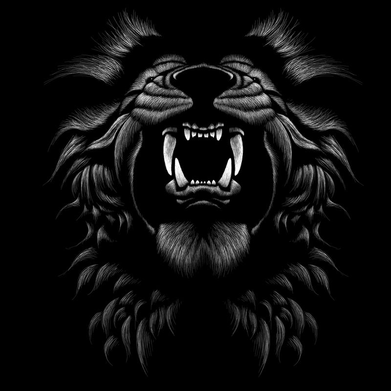 矢量标志狮子纹身或T恤印花设计或外观。狩猎风格狮子背景。这幅画很适合在黑色织物或帆布上画。