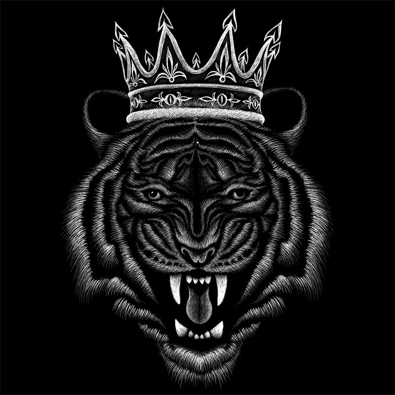 矢量标志虎王纹身或T恤设计或外观-可爱的皇冠印花风格猫的背景