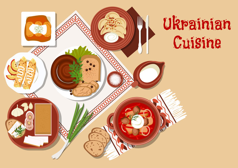 乌克兰菜肴-陶瓷锅罗宋汤-酸奶油-卷心菜卷和蔬菜饺子-配洋葱-香肠和脂肪-大蒜和黑麦面包-薄煎饼和牛奶