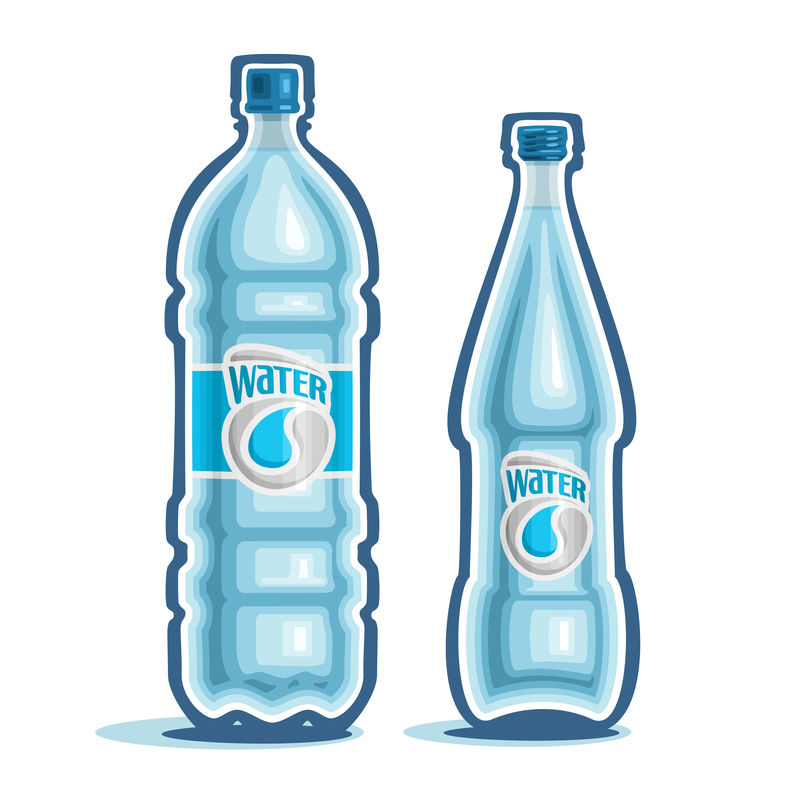 瓶装水商标主题的矢量插图-由一个封闭的塑料饮用水瓶和一个白底纯矿泉水玻璃瓶组成