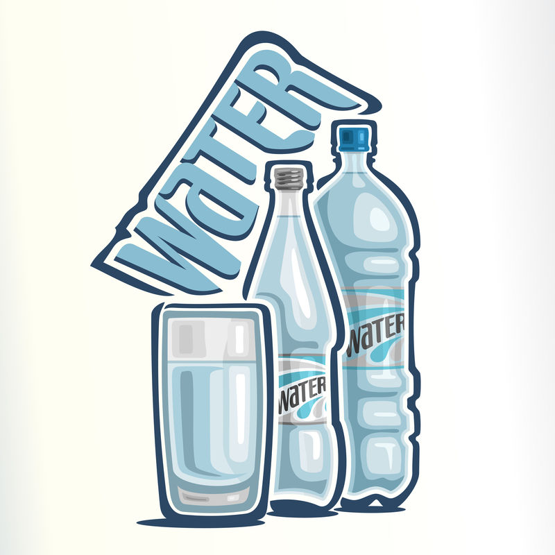 有文字的饮用水成分标识矢量图、带清水的玻璃杯、带矿泉水的封闭玻璃瓶和带矿泉水的封闭塑料瓶