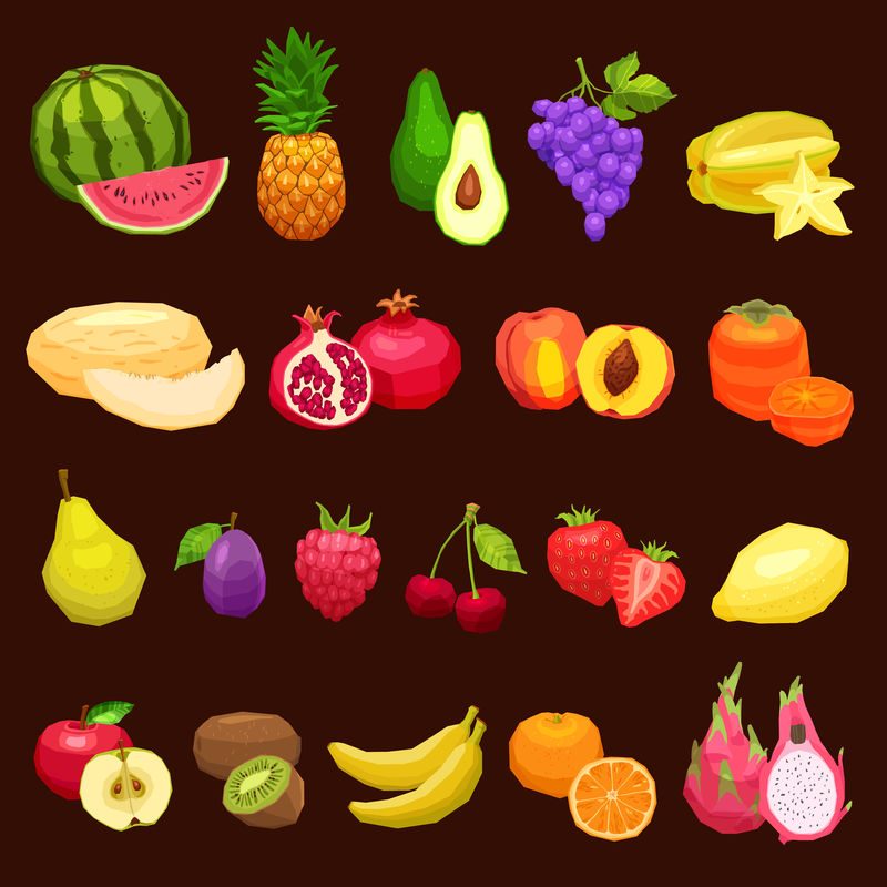 收集水果平面图标-设置在棕色背景上的水果