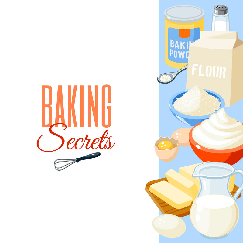 卡通食品背景：烘焙原料-面粉、鸡蛋、黄油、盐、鲜奶油、牛奶。矢量图示，白色隔离，第10页。