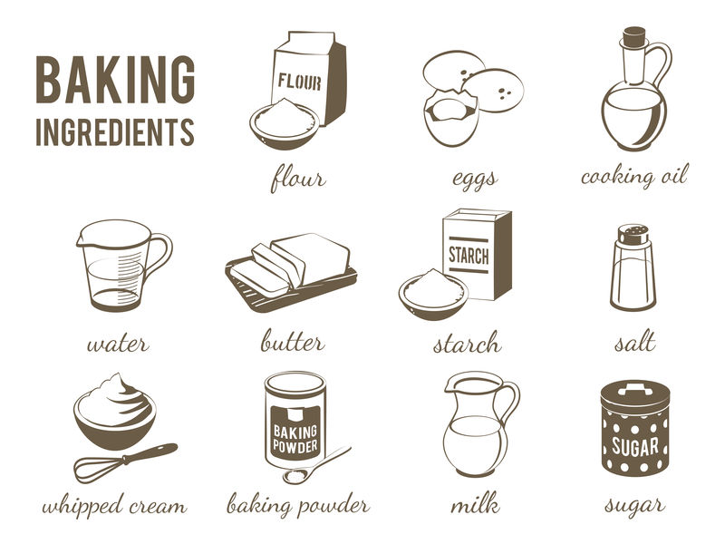 一套单色，线性食品图标：烘焙配料-面粉，鸡蛋，油，水，黄油，淀粉，盐，生奶油，发酵粉，牛奶，糖。矢量，隔离在透明背景上。