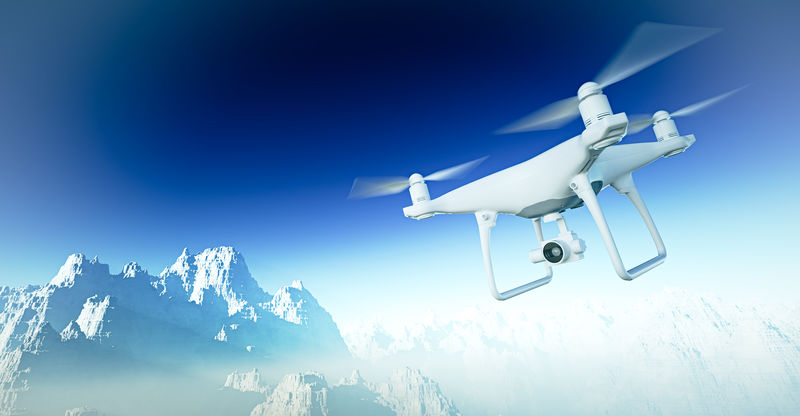 图为白色哑光通用设计现代遥控无人机，相机在地面下的天空中飞行。大峡谷背景。水平，正面角度视图。电影效果。三维渲染。