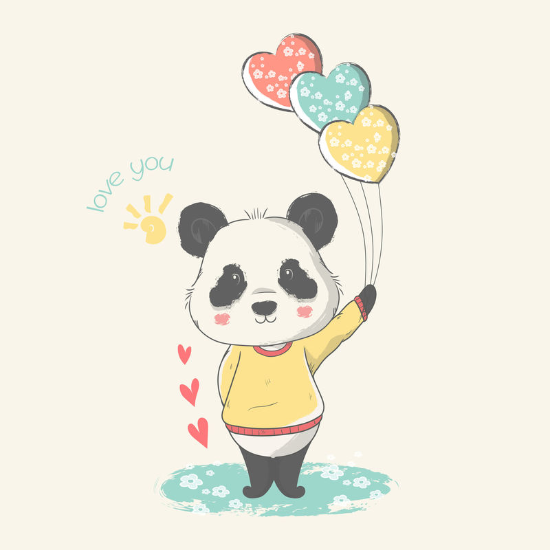 一只带气球的可爱熊猫宝宝的矢量手绘插图。
