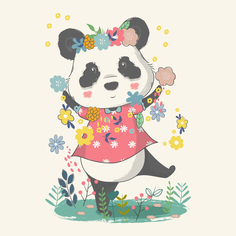 矢量手绘插图一个可爱的小熊猫与花。
