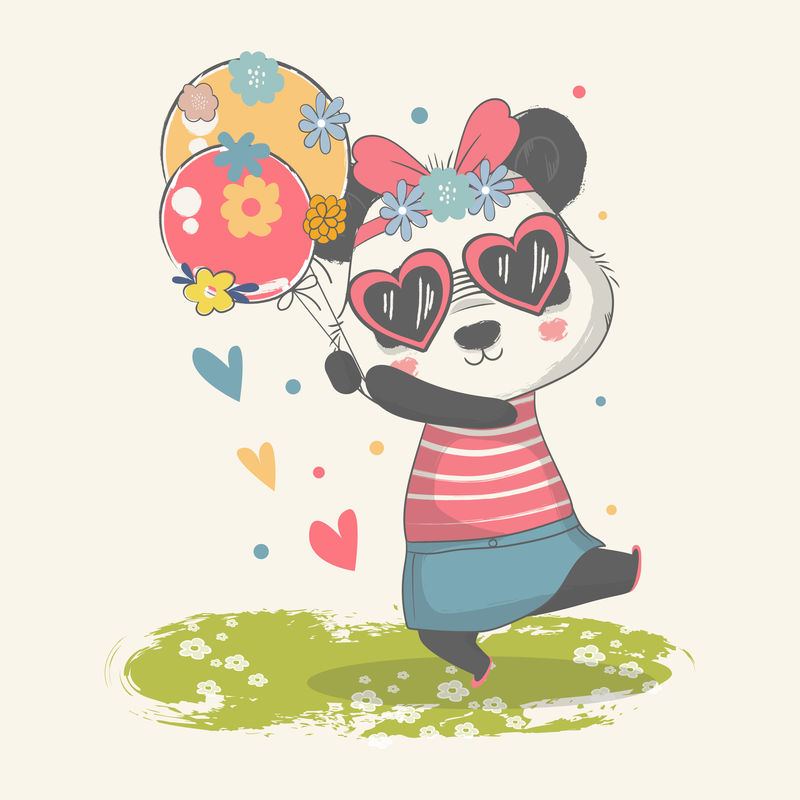 一只带气球的可爱熊猫宝宝的矢量手绘插图。