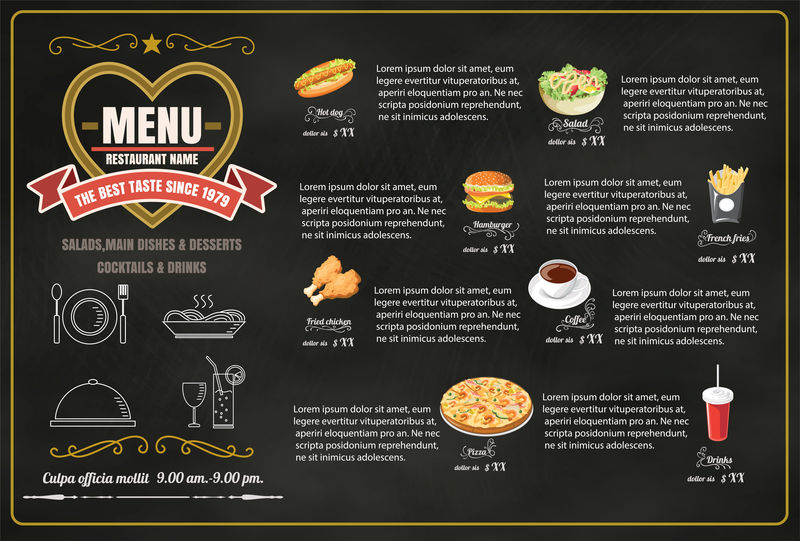 餐厅快餐菜单上的黑板矢量格式EPS10