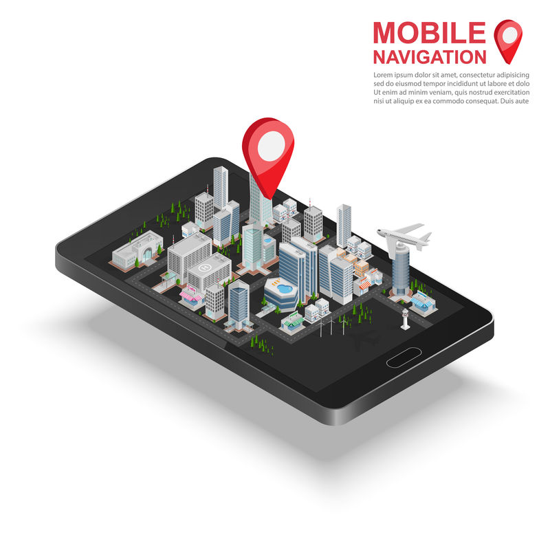 三维等距移动GPS导航概念-带城市地图应用和标记针指针的智能手机-矢量