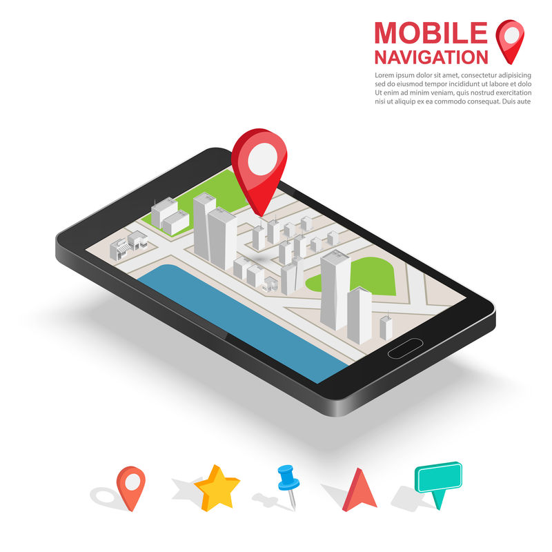 三维等距移动GPS导航概念-带城市地图应用和标记针指针的智能手机-矢量