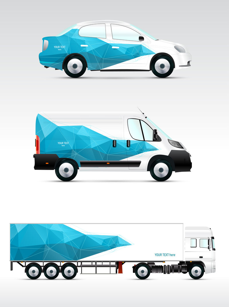 汽车广告和企业形象模型-交通运输品牌设计-乘用车、公共汽车和厢式货车-具有抽象现代几何图形的图形元素