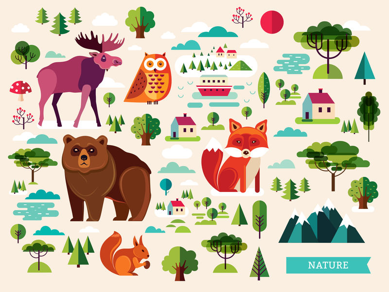 森林动物和景观元素的矢量集-扁平动物