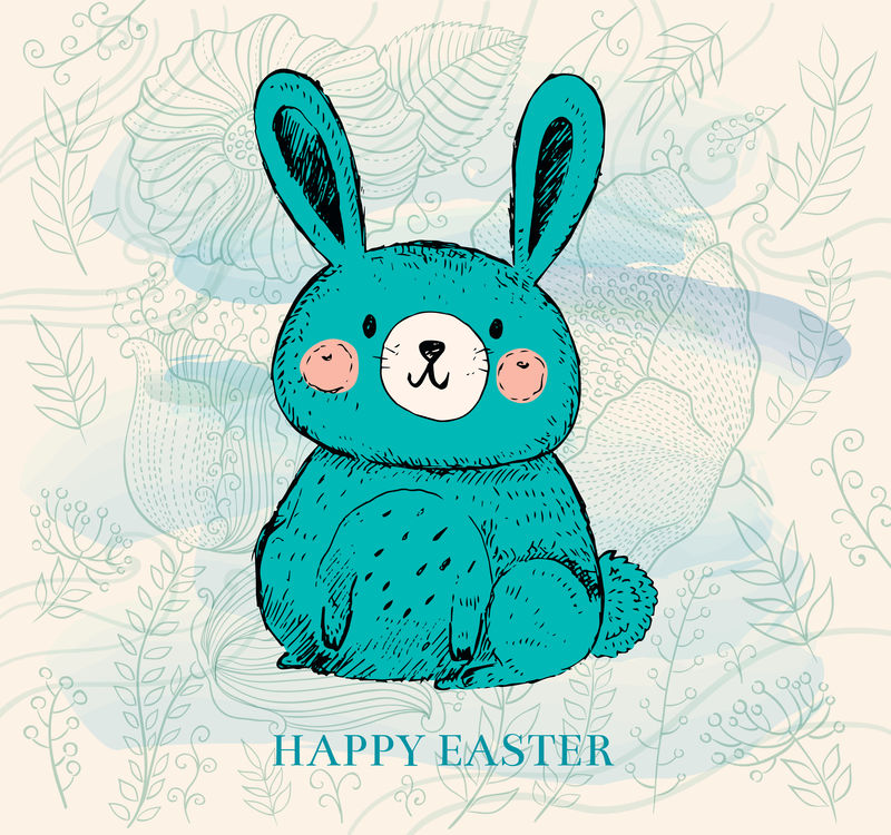 矢量手绘插图与有趣的小兔子-复活节快乐贺卡