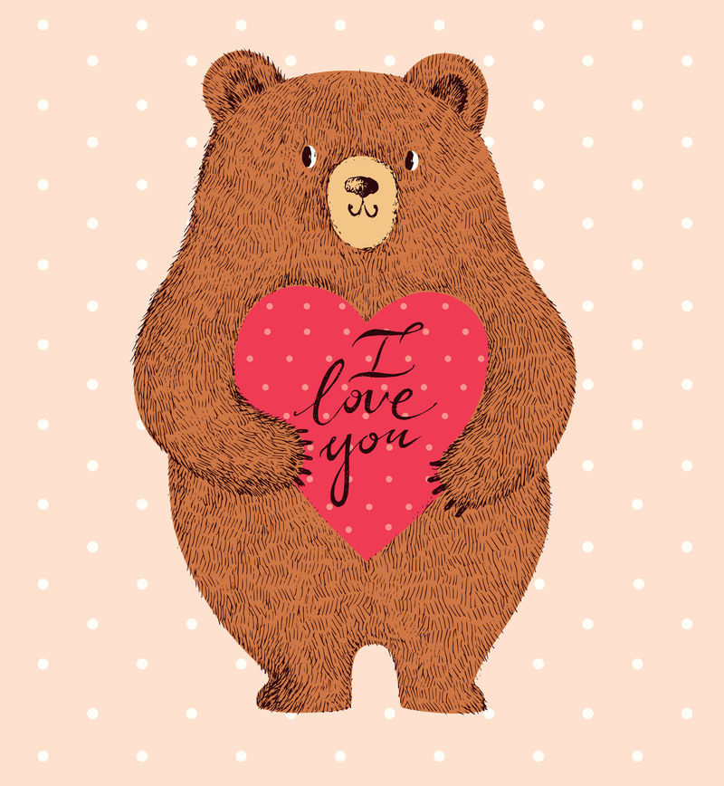 矢量插图可爱可爱的熊和心脏-时尚浪漫插画