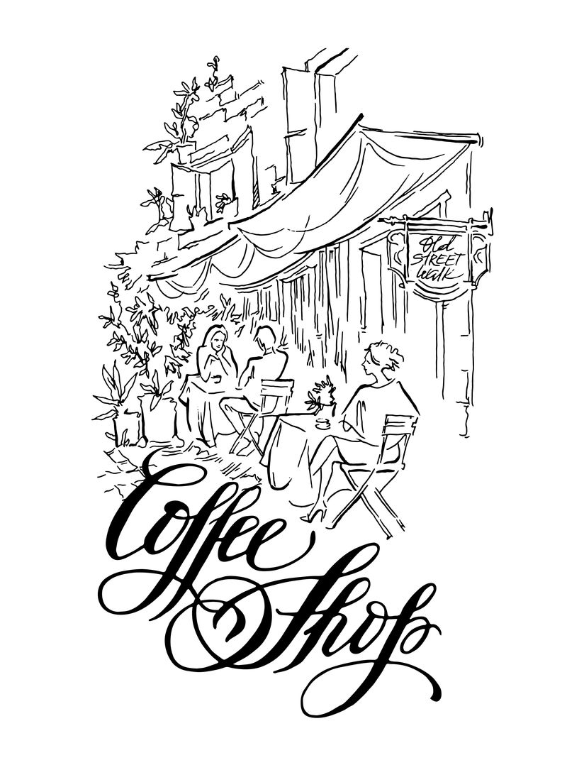 老街矢量素描。咖啡店卡利格菲铭文。
