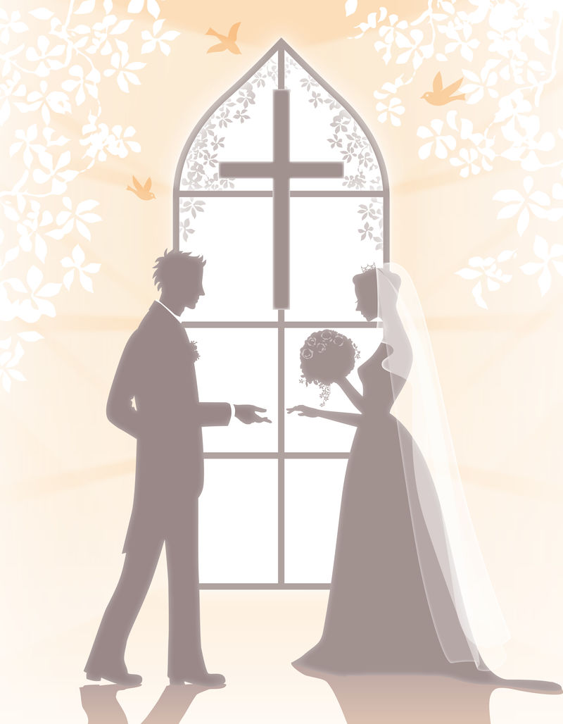 新婚夫妇-婚礼拱门背景上的剪影