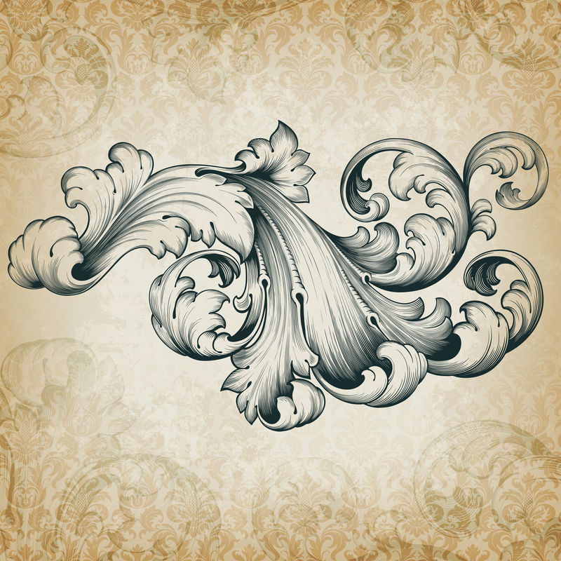 矢量复古巴洛克雕刻花卉卷轴花丝设计边框阿坎萨斯图案元素在复古格鲁格缎背景