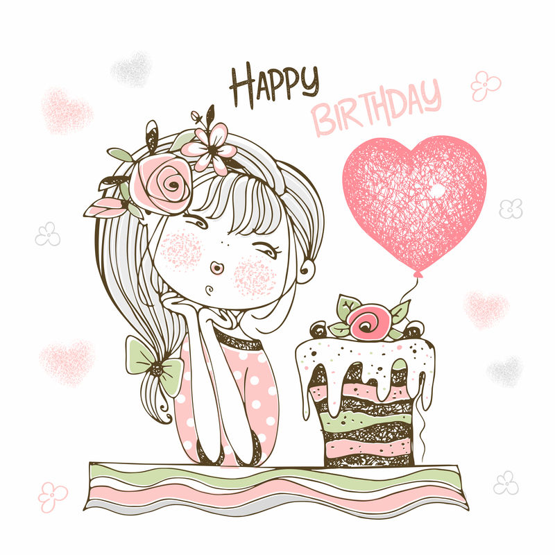 生日卡片上有一个可爱的女孩，带着蛋糕和气球。矢量