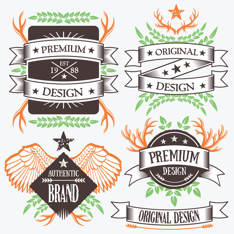 自然概念彩带横幅和徽章集-创意设计元素-标志设计模板-高质量矢量图-橙色-绿色-白色-棕色-孤立在灰色背景上