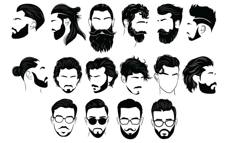 男士发型-收集黑色剪影的发型和胡须-理发师矢量图