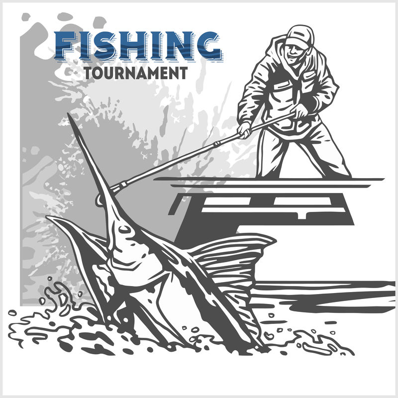 复古格鲁基背景上波浪中的马林鱼-创作标志、徽章、钓鱼俱乐部