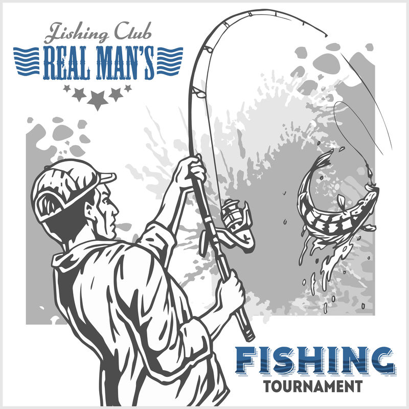 渔夫和鱼-复古插图加上复古标志