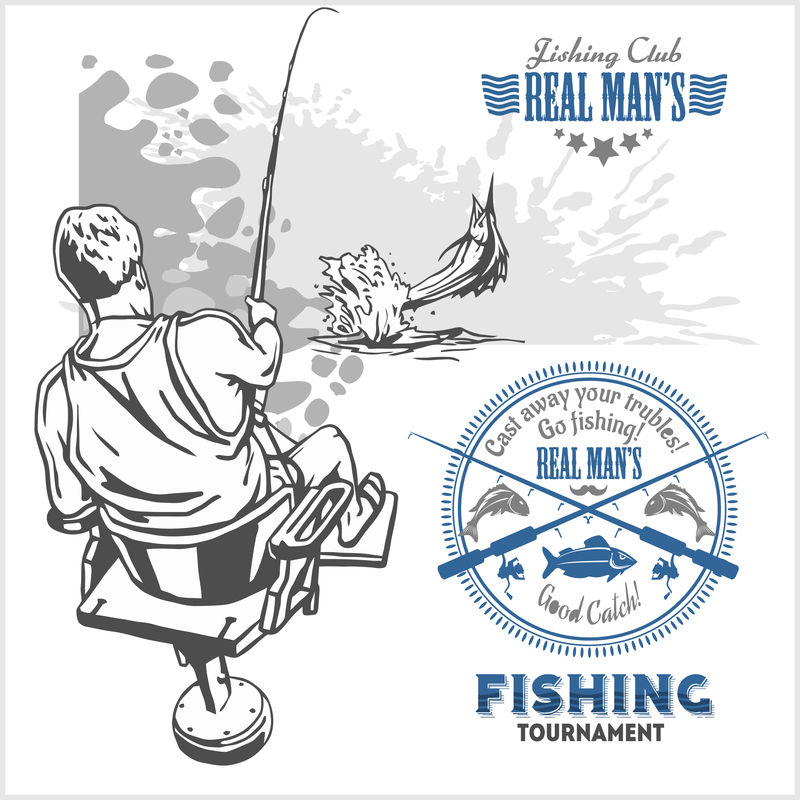 复古格鲁基背景上波浪中的马林鱼-创作标志、徽章、钓鱼俱乐部
