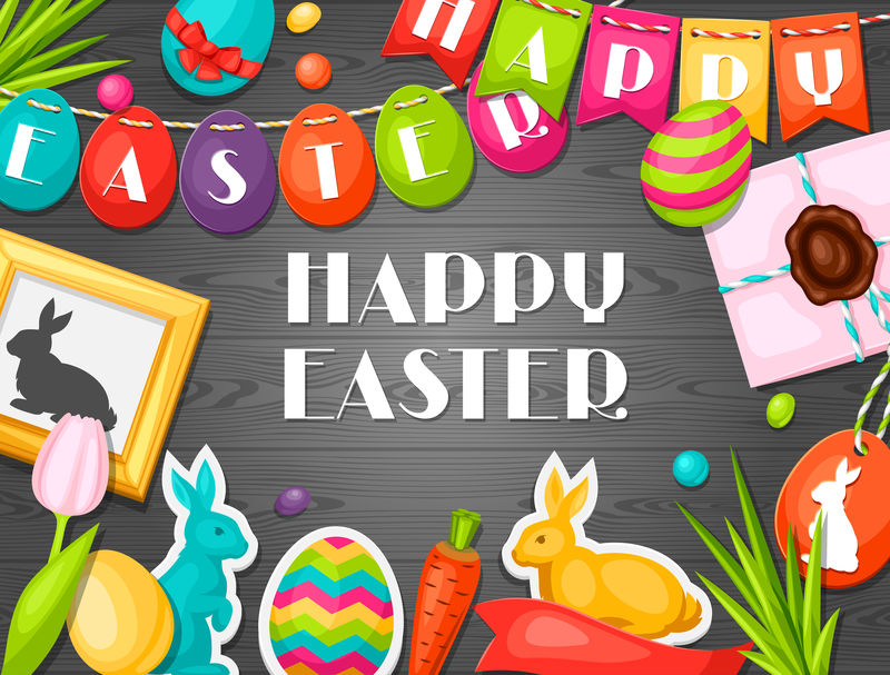 复活节快乐贺卡有装饰物、彩蛋、兔子贴纸。概念可用于节日请柬和海报