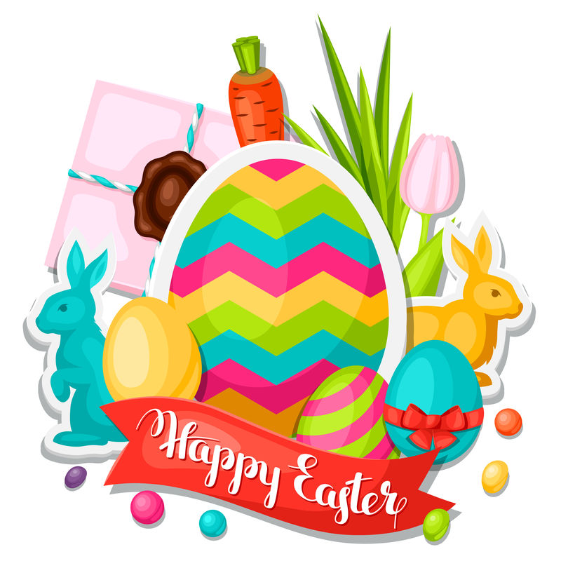 复活节快乐贺卡有装饰物、彩蛋、兔子贴纸。概念可用于节日请柬和海报