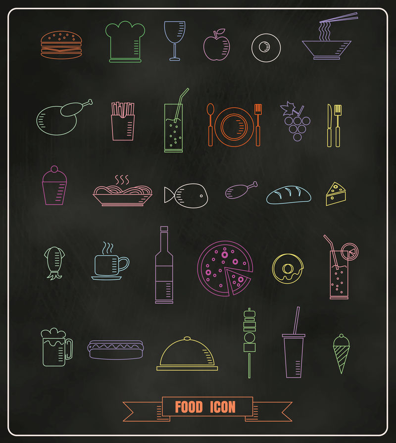 餐厅菜单设计元素与粉笔画食物和饮料