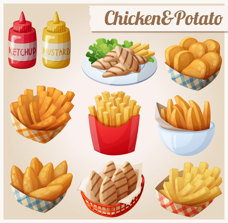 鸡肉和土豆。一组卡通矢量食品图标