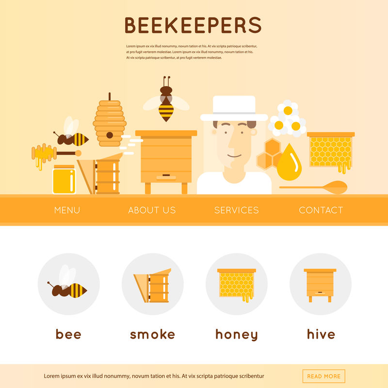 戴帽子和养蜂工具的养蜂人-木制蜂箱、鲜花、烟枪、蜂巢、带斗的蜂蜜罐-网站模板标题-横幅-矢量图示和平面图标