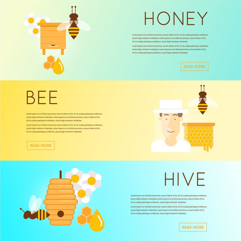 戴帽子和养蜂工具的养蜂人-木制蜂箱、鲜花、烟枪、蜂巢、带斗的蜂蜜罐-横幅-矢量图示和平面图标