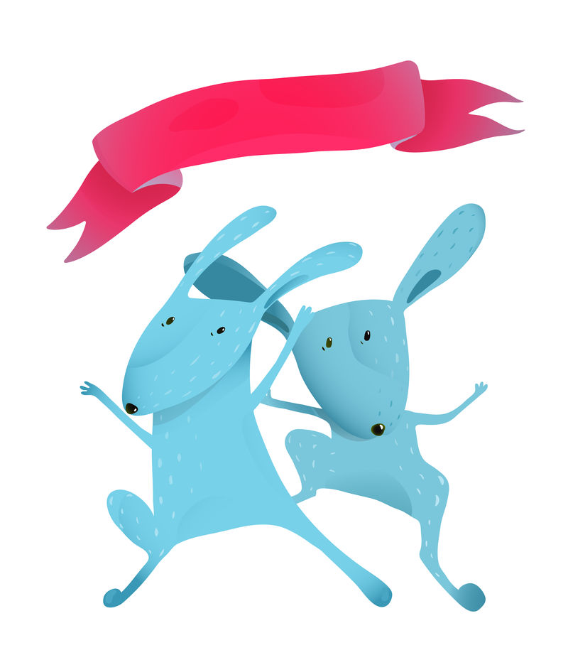 两只兔子带着丝带跳孩子卡通-兔子跳跃-跳高-运动幽默训练-矢量图解