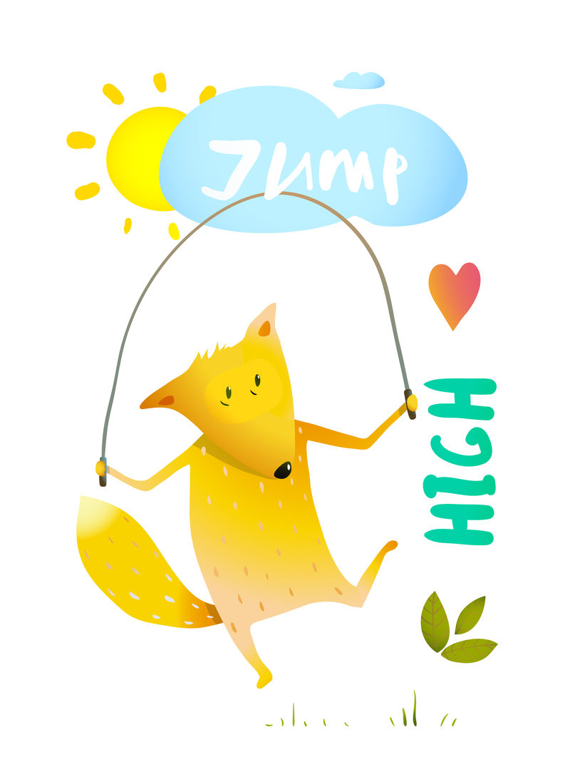 狐狸跳绳-快乐有趣的角色跳绳运动-水彩彩色风格矢量插图