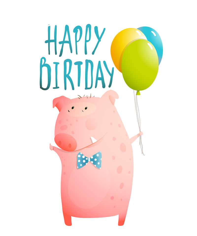 猪祝贺气球和蝴蝶结幽默性格的孩子设计-矢量图解